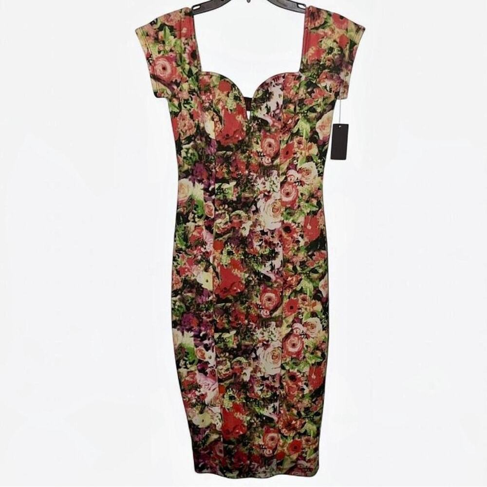 Hot Miami Styles Red Yellow Floral Queen Anne Empire Bodycon Dress - Size M